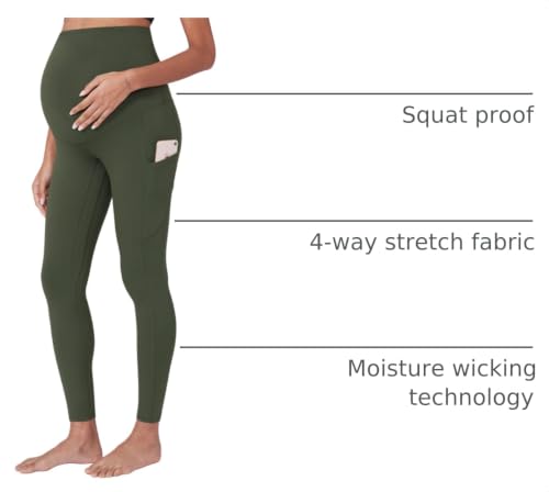 POSHDIVAH Maternity Workout Leggings Pregnancy Yoga Pants Pockets - color: Green, size: Medium
