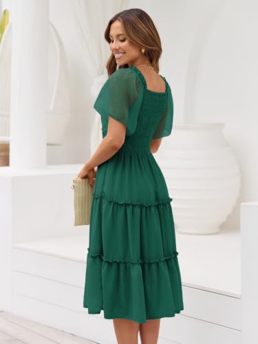 LILLUSORY Women Tiered Flutter Sleeve Square Neck Smocked Midi Dress - color: Emerald Green, size: Medium