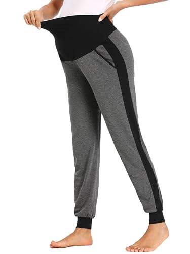 Liu & Qu Women's Maternity Pants Stretchy Sweatpants Jogger with Pockets - color: Deep Grey+black Paneling, size: Small