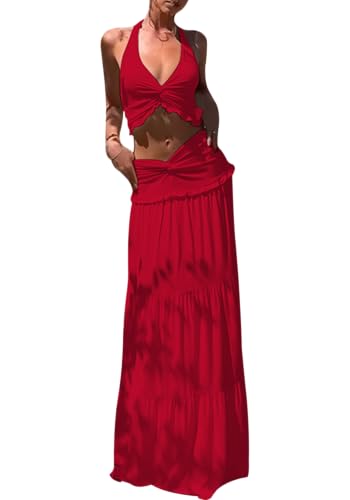 Famnbro Womens 2 Piece Skirt Sets Y2k Halter Top Flowy Ruffle Maxi Skirts - color: Red, size: Large