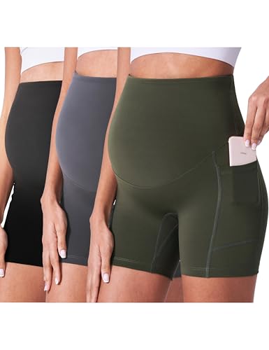 POSHDIVAH 3/4 Pack Maternity Biker Shorts Over The Belly with Pockets 5"/8" - color: Black/Grey/Green 5", size: Medium