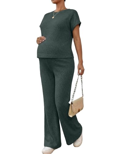 BLENCOT Maternity Sets Summer Ribbed Knit Pajamas Outfits - color: Dark Green, size: Medium