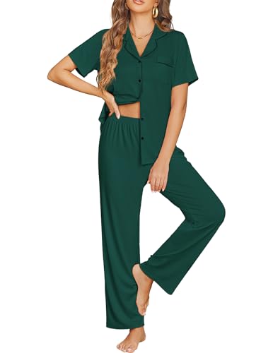 Ekouaer Womens Pajama Sets Button Down Lounge Sets 2 Piece Short Sleeve Pjs - color: Dark Green, size: Medium