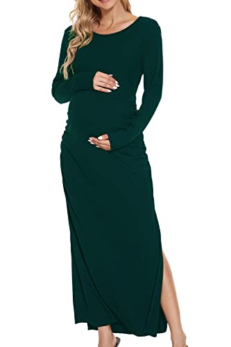 Smallshow Women's Ruched Long Sleeve Split Maternity Dress - color: Deep Green, size: Medium