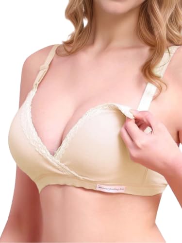 Cross-Front Cotton Nursing Bras - Wireless V Neck Sleep & Lounge Bralette, Comfy Wirefree Pregnancy & Breastfeeding Bra - color: Beige, size: Small