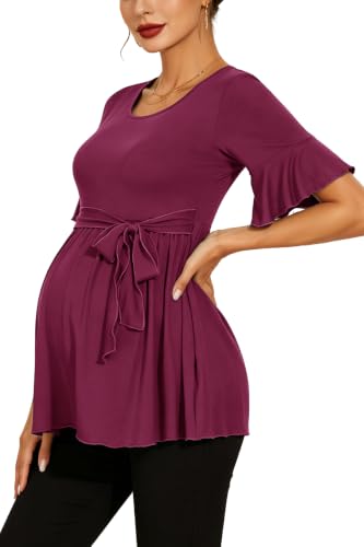 Women's Ruffle Maternity Tops Short Sleeve Wrap Tie Front Shirts Pregnancy Clothes - color: Plum, size: Medium