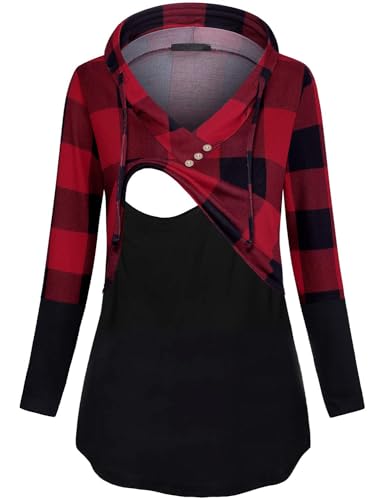 Quinee Women's Long Sleeve Plaid Colorblock Nursing Pullover Hoodie Sweatshirts - color: A Black Red Plaid 2, size: X-Large