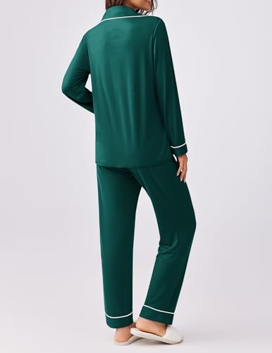 Ekouaer Womens Pajamas Set Button Down Long Sleeve Top & Pants Lounge Sets - color: Blue Green, size: Large