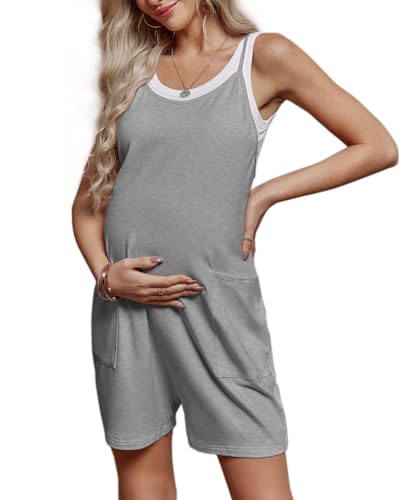 FMEYOA Maternity Romper Sleeveless Overall Shorts Jumpsuit with Pockets - color: Grey, size: Medium