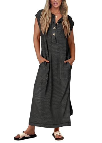KIRUNDO Womens Summer Ribbed Knit Short Sleeve Maxi Dress - color: Black, size: Medium