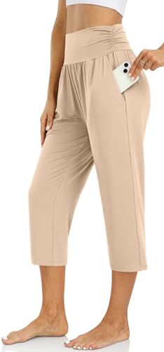 UEU Women's Yoga Capri Pants Loose Soft Drawstring Workout Sweatpants - color: Capris, Beige, size: Large