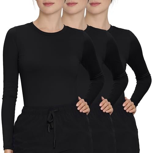 3 Pack Underscrub Long Sleeve Women High Crew Neck, Scrub Undershirt - color: Black, size: XX-Small