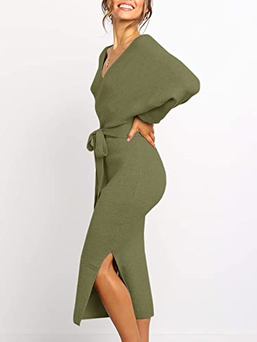 Womens Maxi Sweater Dress Long Sleeve Batwing Wrap V Neck Fall Dresses - color: 1-army Green, size: X-Large