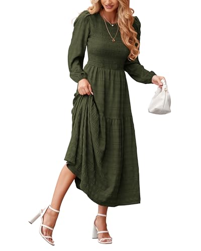 dowerme Women's Dresses 2026 Spring Puff Long Sleeve Crewneck Smocked Tiered Flowy A-Line Boho Wedding Party Maxi Dress - color: Army Green, size: Small