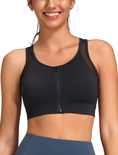 Yvette Women Front Zip High Impact Racerback Sports Bra - color: Black, size: (3X) D/DDD