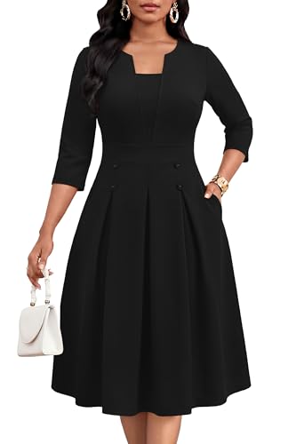 FANDEE Women's Church Midi Dress, 3/4 Sleeve A-Line Fit and Flare Work Dresses with Pockets - color: 002black, size: XX-Large