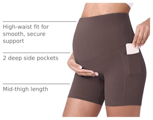 POSHDIVAH Maternity Biker Shorts Over the Belly with Pockets 5"/8" - color: Dark Brown, size: Medium
