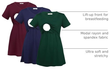 Bearsland Womens 3 Packs V Neck Nursing Tops Maternity Breastfeeding Tee Shirts - color: Red+blue+green（3pcs）, size: Medium