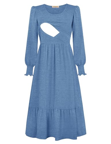 CzzzyL Women Nursing Dresses Crew Neck Fall Maternity Tiered with Pockets - color: Lightblue, size: Medium