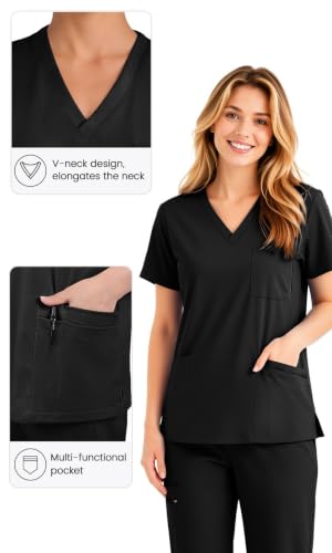 Scrubs for Women Set, V-Neck Top & Jogger Pants - color: Black, size: Medium