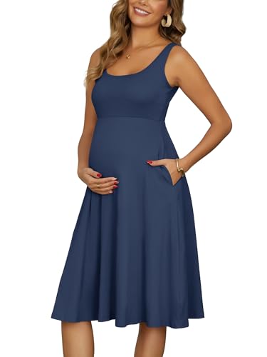 Women's Maternity Dress with Pockets Sleeveless Square Neck - color: Blue, size: Medium
