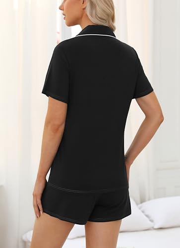 Samring Womens Pajamas Set Short Sleeve Button Down Sleepwear 2 Piece Pjs - color: Black, size: Small
