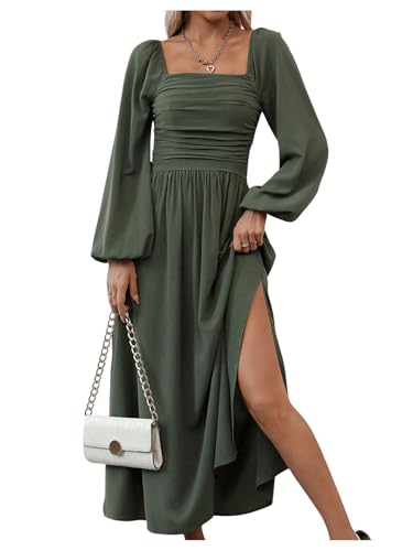 Floerns Women's Square Neck Lantern Long Sleeve Split Ruched Midi Dresses - color: Green, size: Large