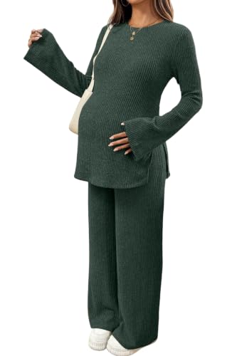 BLENCOT Maternity 2 Piece Outfits Ribbed Knit Long Sleeve Sets - color: Mist Green, size: Medium