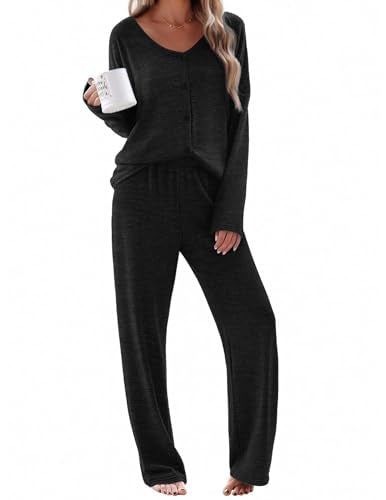 Ekouaer Womens Pajama Sets Button Up Long Sleeve Lounge Set Soft V Neck Pj - color: Black, size: Medium