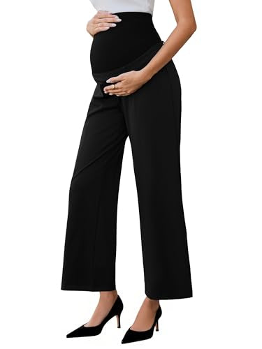 Ecavus Women's Maternity Pants Over Belly Seamless Stretchy Work Pants Maternity Wide Leg Pants with Pockets - color: Black-regular, size: Medium