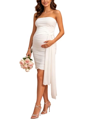 Maternity Midi Dress Strapless Wrap Ruched Sash Baby Shower Gown - size: X-Large