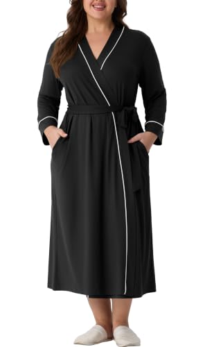 OLRIK Womens Plus Size Robe Long Knit Bathrobe V Neck Loungewear - color: Black, size: 4X