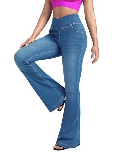 BlueRose Flare Jean for Women,Bell Bottom Jeans for Women Knit Crossover High Waisted Bootcut Jean - color: Blue, size: X-Large Long