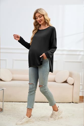 Smallshow Women's Long Sleeve Maternity Shirts Loose Tunic Pregnancy Tops - color: Black, size: X-Large