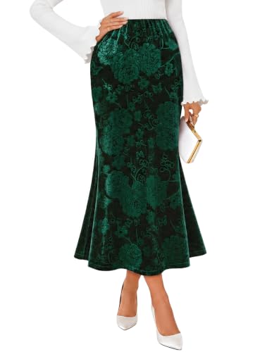 MEROKEETY Women's Fall Floral Velvet Maxi Skirt - color: Green, size: Medium