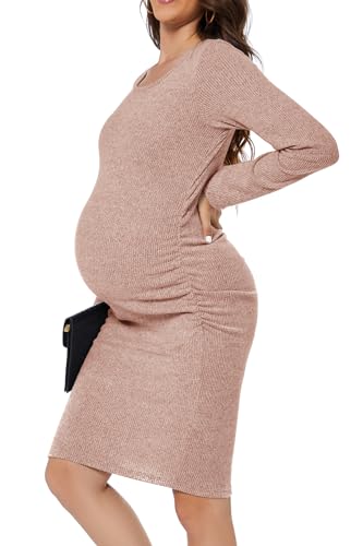 Smallshow Women's Knit Maternity Dress Long Sleeve Pregnancy Clothes - color: Brown, size: Large