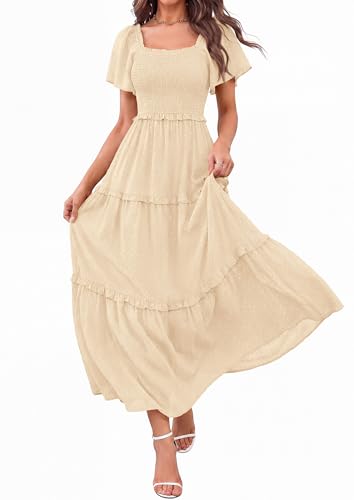 PRETTYGARDEN Womens Summer Dresses Boho Maxi Swiss Dot Dress - color: Beige, size: Medium
