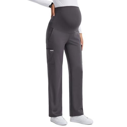 Women's Maternity Scrub Pants with 6 Pockets & 4-Way Stretch - color: Grey, size: Large