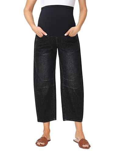 Foucome Maternity Jeans Over Belly Comfy Barrel Jeans - color: Wash Black, size: Medium