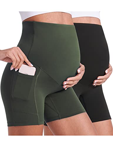 Enerful Maternity Biker Shorts with Pockets 8"/5" - color: Black + Dark Green 5", size: Medium