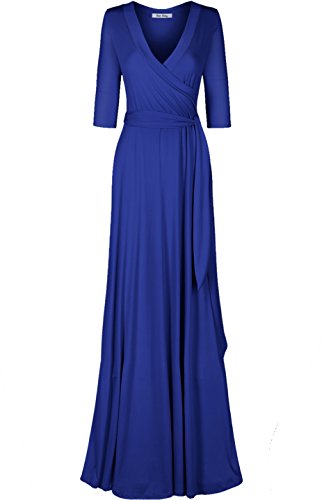 Women's 3/4 Sleeve Deep V-Neck Maxi Faux Wrap Solid Plus Size Dress - color: Royal Blue-v-neck, size: Medium