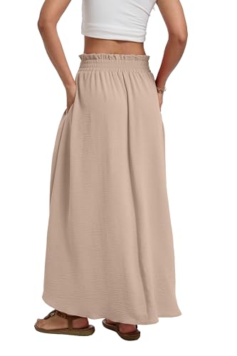 Womens Maxi Skirt with Pockets Elastic Waist Pleated A Line Summer - color: Coffee Gray, size: Small