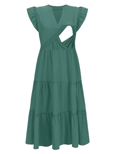 CzzzyL Womens Nursing Midi Dress Breastfeeding Sleeveless Tiered Pockets - color: Graygreen, size: Medium