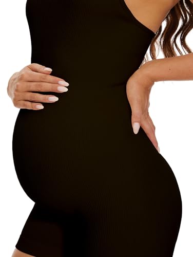 BDITANLE Maternity Workout Romper Pregnancy Yoga Ribbed One Piece Seamless Spaghetti Strap Jumpsuit - color: 01black, size: Medium