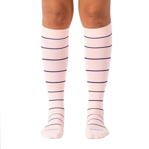 Comrad Breathable Knee High Firm Compression Socks - Targeted Arch Support - color: Rose/Navy Stripe, size: Large