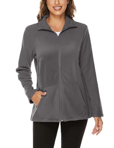 Hibelle Women's Outdoor Full-Zip Thermal Fleece Jacket with Pockets - color: 203-grey, size: Large