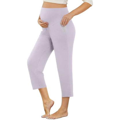 Maternity Capri Pants, Over The Belly Pregnancy Pants with Pocket - color: Light Purple, size: XX-Large