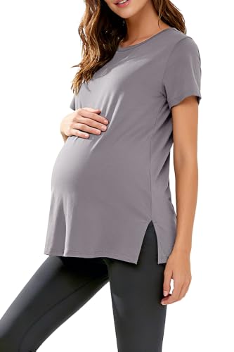 Women's Maternity Shirts Short Sleeve Split Hem Pregnancy Tops Clothes - color: Grey Purple, size: Medium
