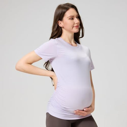 netdraw Buttery Soft Bamboo Viscose Maternity T Shirt, Pregnancy Short Sleeve Side Ruched Casual Tops - color: Iris, size: Medium