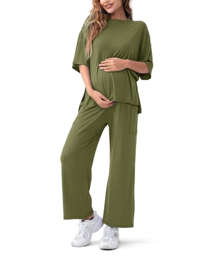 Maternity Lounge Set, 2 Piece Matching Set with Wide Leg Pants - color: Dark Green, size: Small
